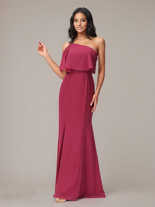 Mulberryfarbenes Etui/Column Chiffon Kleid mit einer Schulter, ärmellos und bodenlang, Brautjungfernkleid