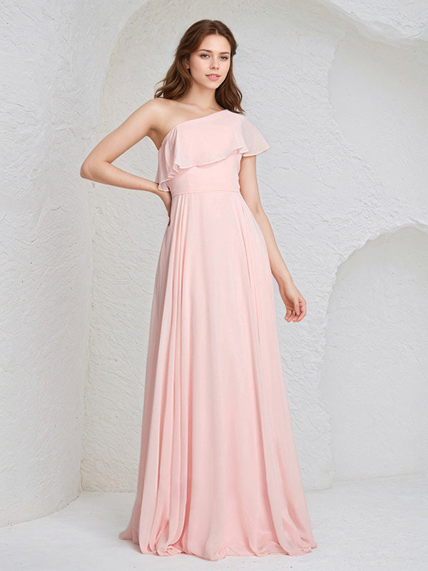 Vestido de Dama de Honra Longo em Chiffon Rosa, Sem Mangas, com Um Ombro Só e Babados