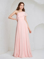 Vestido de Dama de Honra Longo em Chiffon Rosa, Sem Mangas, com Um Ombro Só e Babados