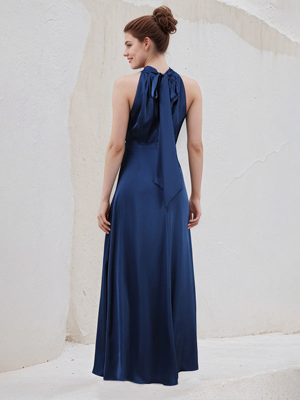 A Line Royal Blue Satin Halter Neck Sleeveless Ankle Length Pleated Dress With Bow