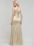 Champagne Satin A Line One Shoulder Sleeveless Floor Length Bridesmaid Dress