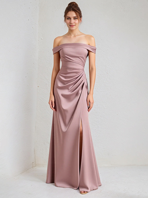 A Line Mauve Satin Off the Shoulder Sleeveless Floor Length Dress With Slit