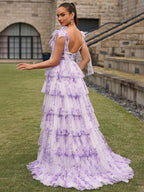 Purple Floral A Line V Neck Long Pleated Prom Dress With Slit