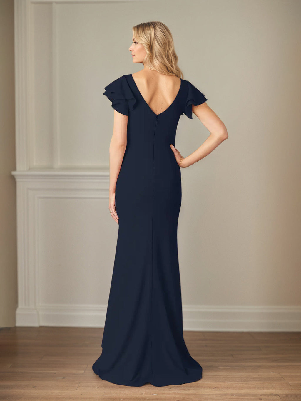 Etuikleid/Säulenform Chiffon Rundhals Kurzarm Bodenlanges Kleid der Brautmutter mit Rüschen