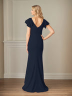 Etuikleid/Säulenform Chiffon Rundhals Kurzarm Bodenlanges Kleid der Brautmutter mit Rüschen