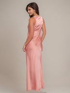 Pink Satin Sheath/Column V Neck Sleeveless Floor Length Bridesmaid Dress
