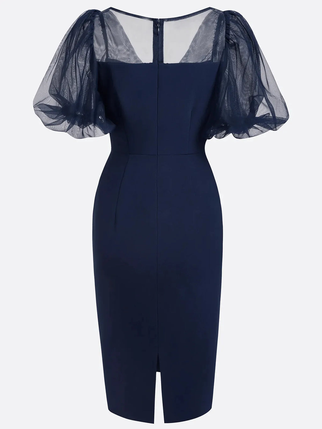 Vestido midi tipo sheath azul purpúreo con escote en V y mangas abullonadas