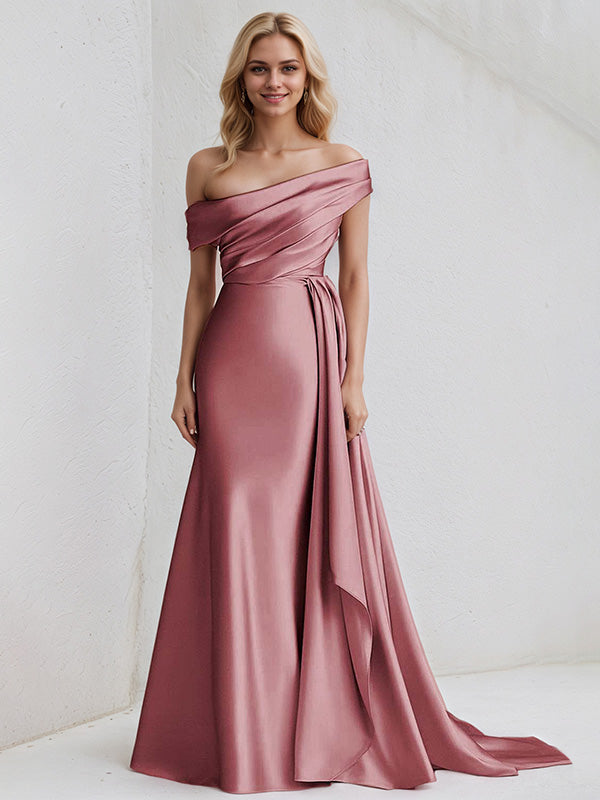 A Line Satin One Shoulder Sleeveless Floor Length Dress