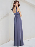 A Line Satin Square Neck Sleeveless Floor Length Bridesmaid Dresses With Bow