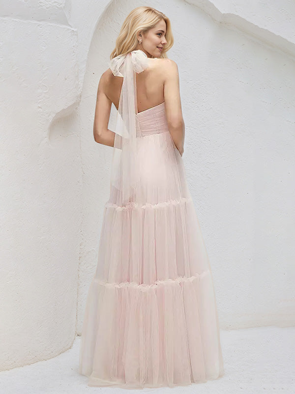 A Line Halter Neck Sleeveless Floor Length Tulle Bridesmaid Dresses With Bow