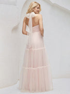 A Line Halter Neck Sleeveless Floor Length Tulle Bridesmaid Dresses With Bow