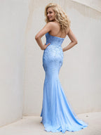 Blue Tulle Halter Neck Sleeveless Floor Length Bridesmaid Dress With Appliques