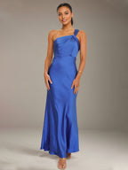 Cobalt Blue Satin Sheath/Column One shoulder Ankle Length Bridesmaid Dresses