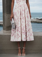 Rosa einseitig schulterfreies ärmelloses A-Linien Midi Kleid mit Blumenmuster