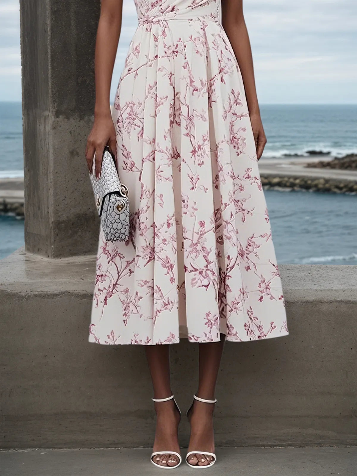 Rosa einseitig schulterfreies ärmelloses A-Linien Midi Kleid mit Blumenmuster