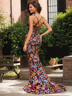 Schwarzes, florales Meerjungfrauen-Korsett-Langes Ballkleid mit V-Ausschnitt, Pailletten und Schlitz