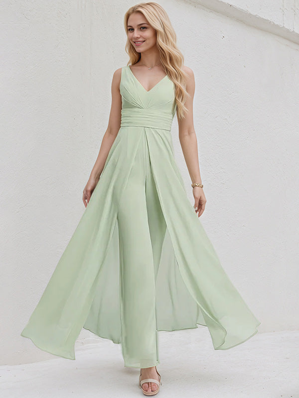 Tuta in chiffon celadon a linea ad A con scollo a V, senza maniche, lunga fino al pavimento, da damigella