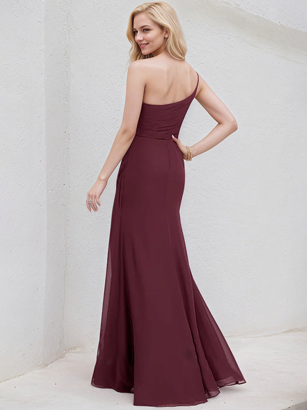 Cabernet Chiffon A Line One Shoulder Sleeveless Floor Length Bridesmai – DUNALI