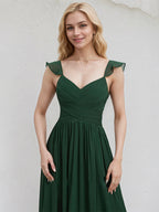 Green Chiffon A Line V Neck Floor Length Bridesmaid Dress With Ruffle