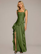 Olive Green Sheath/Column Satin Square Neck Sleeveless Floor Length Dresses