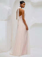 A Line Halter Neck Sleeveless Floor Length Tulle Bridesmaid Dresses