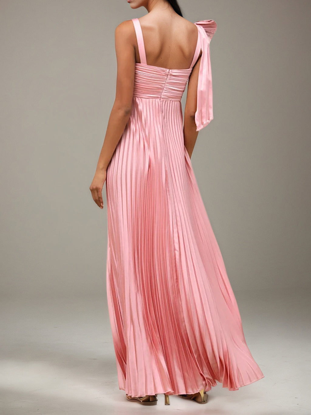 Rosa Satin A-Linien Kleid mit quadratischem Ausschnitt, ärmellos, bodenlang und Schleife, Brautjungfernkleid