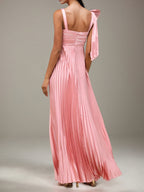 Rosa Satin A-Linien Kleid mit quadratischem Ausschnitt, ärmellos, bodenlang und Schleife, Brautjungfernkleid