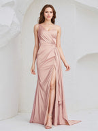 Dusty Rose Satin Sheath/Column One Shoulder Floor Length Sleeveless Bridesmaid Dress