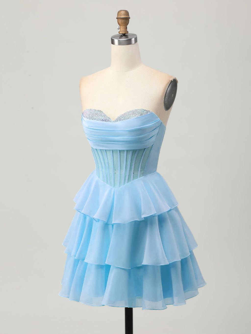 Vestido de regreso a casa línea A sin tirantes con corsé en capas y abalorios