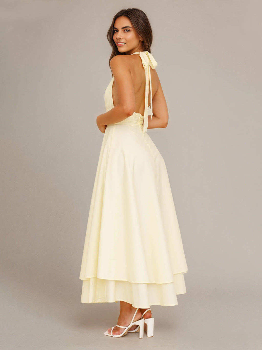 Zitronengelbes Chiffon-A-Linien-Kleid mit Neckholder, ärmellos, knöchellang, Brautjungfernkleid