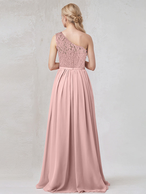 Abito da damigella lungo in chiffon rosa polvere a linea a trapezio, monospalla con applicazioni