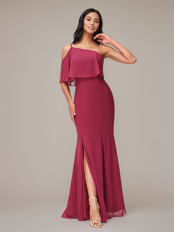 Mulberryfarbenes Etui/Column Chiffon Kleid mit einer Schulter, ärmellos und bodenlang, Brautjungfernkleid