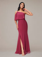 Mulberryfarbenes Etui/Column Chiffon Kleid mit einer Schulter, ärmellos und bodenlang, Brautjungfernkleid