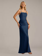 Navy Sheath/Column Satin Spaghetti Straps Sleeveless Floor Length Dresses