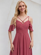 Cinnamon Rose Chiffon A Line Spaghetti Straps Floor Length Bridesmaid Dress