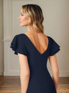 Etuikleid/Säulenform Chiffon Rundhals Kurzarm Bodenlanges Kleid der Brautmutter mit Rüschen