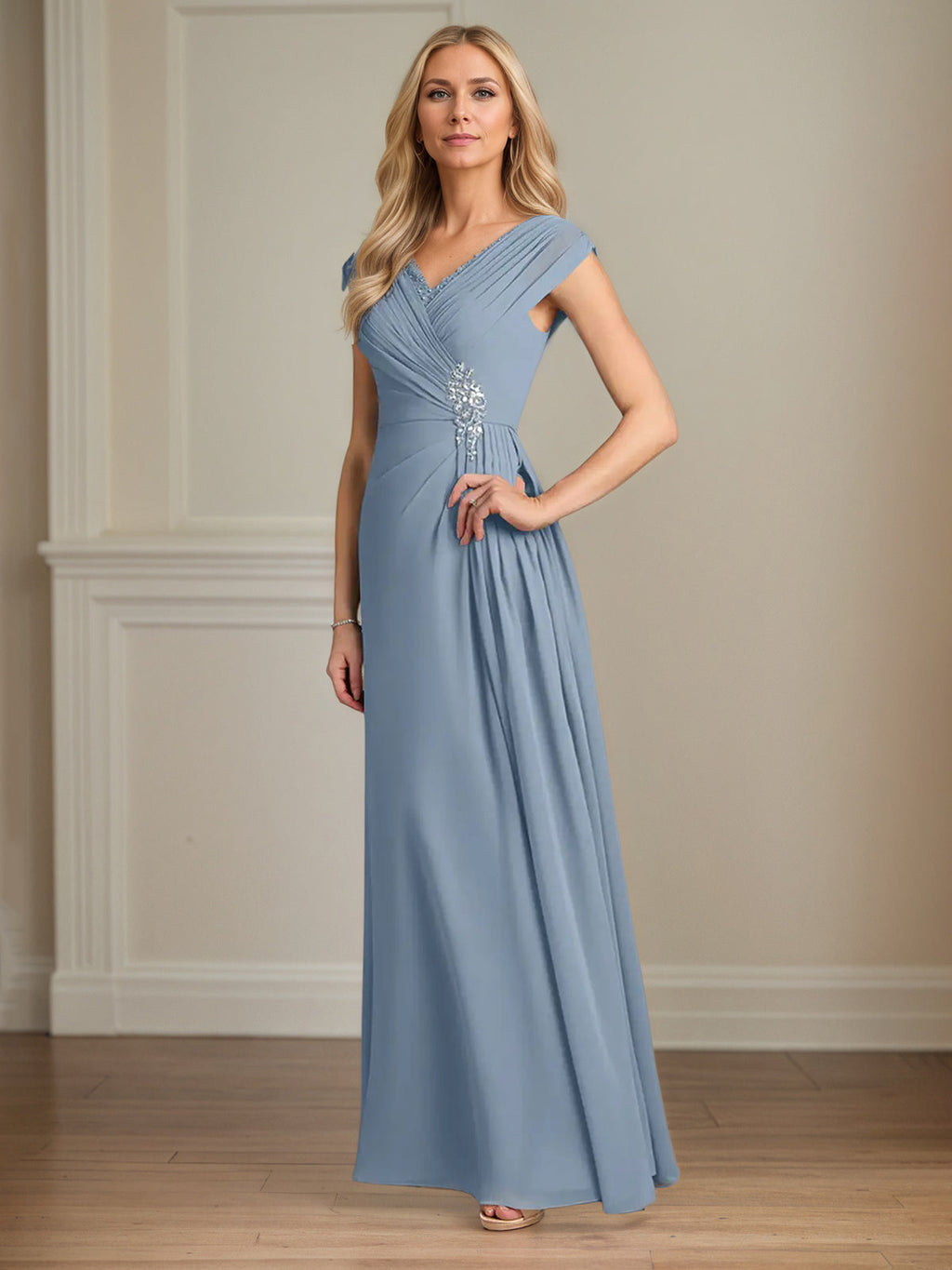 Robe mère de la mariée ligne A en chiffon col en V manches courtes longueur au sol