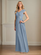Robe mère de la mariée ligne A en chiffon col en V manches courtes longueur au sol