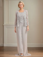 Conjunto Calça para Mãe da Noiva de Chiffon, Decote Quadrado, Sem Mangas e Comprimento Longo com Pregas