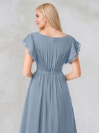 Dusty Blue A-Line Round Neck Floor-Length Chiffon Bridesmaid Dress With Ruffles