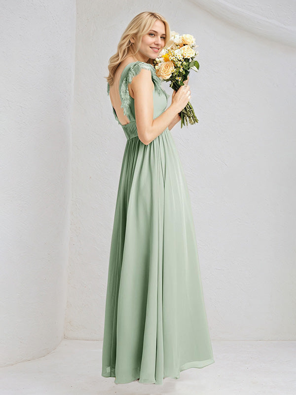 Sage Chiffon A Line V Neck Sleeveless Floor Length Pleated Bridesmaid Dresses
