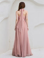 Dusty Rose A-Line Halter Neck Floor-Length Tulle Bridesmaid Dress
