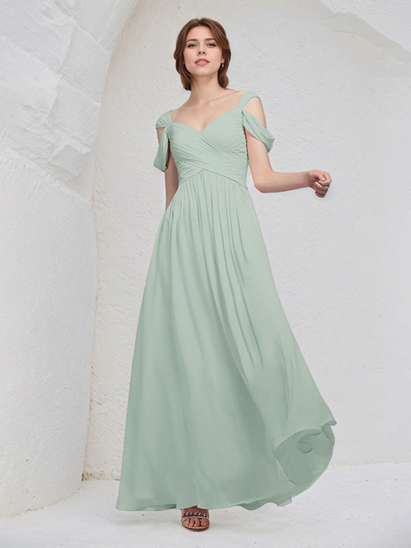 Abito lungo da damigella in chiffon salvia a linea A con scollo a V, senza maniche e pieghe