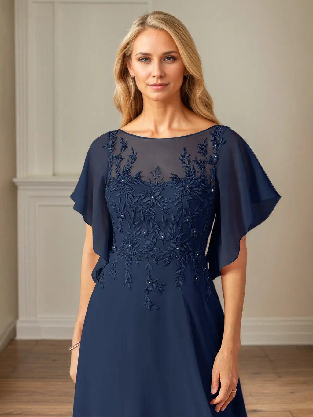 A Line Chiffon Boat Neck Flutter Sleeve Floor Length Dress