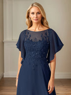 A Line Chiffon Boat Neck Flutter Sleeve Floor Length Dress