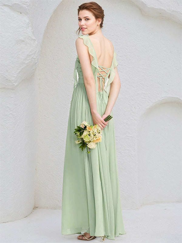 Abito da damigella verde menta in chiffon a linea A con scollo quadrato, senza maniche, lungo fino al pavimento con volant