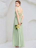 Abito da damigella verde menta in chiffon a linea A con scollo quadrato, senza maniche, lungo fino al pavimento con volant