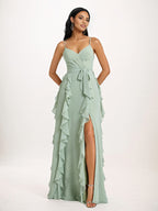 Staubiges Salbei A-Linien V-Ausschnitt Rüschen bodenlanges Chiffon Brautjungfernkleid
