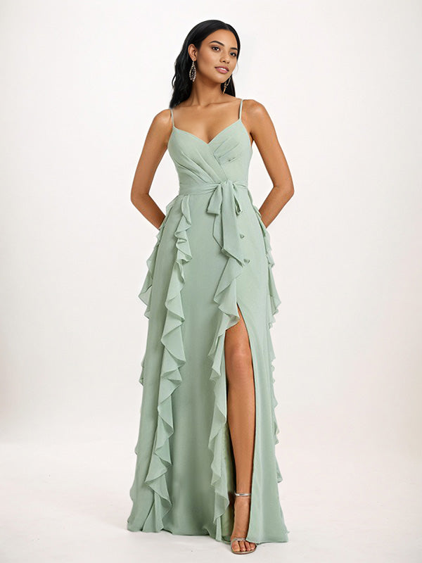 Staubiges Salbei A-Linien V-Ausschnitt Rüschen bodenlanges Chiffon Brautjungfernkleid