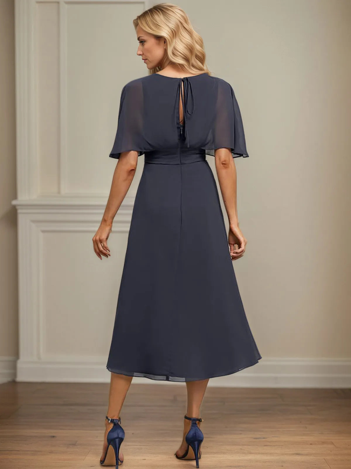 A Line V-Neck Tea-Length Chiffon Dress With Pleated